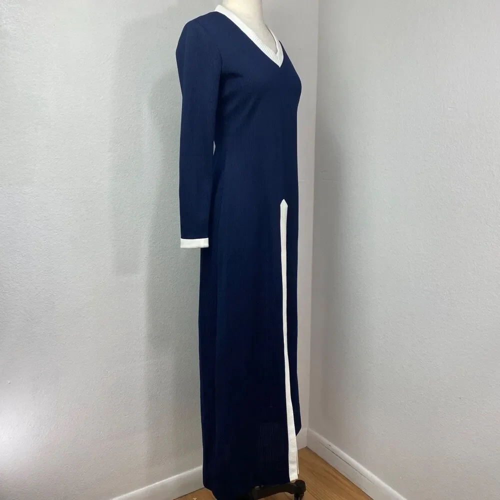 Vintage 70s Navy Blue Ribbed Knit Maxi Dress White Trim Med Dark Academia Boho
